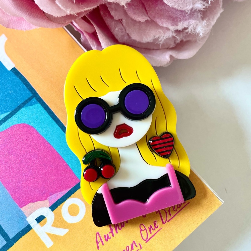 Quirky & Colorful Blonde Cool Girl Acrylic Brooch pin, Layered Wearable Art, NEW